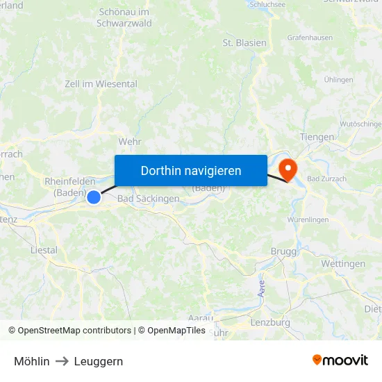 Möhlin to Leuggern map