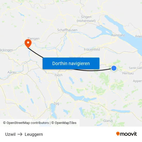 Uzwil to Leuggern map