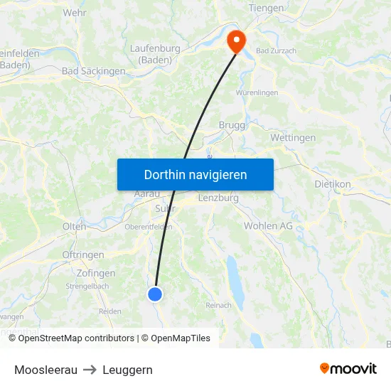 Moosleerau to Leuggern map