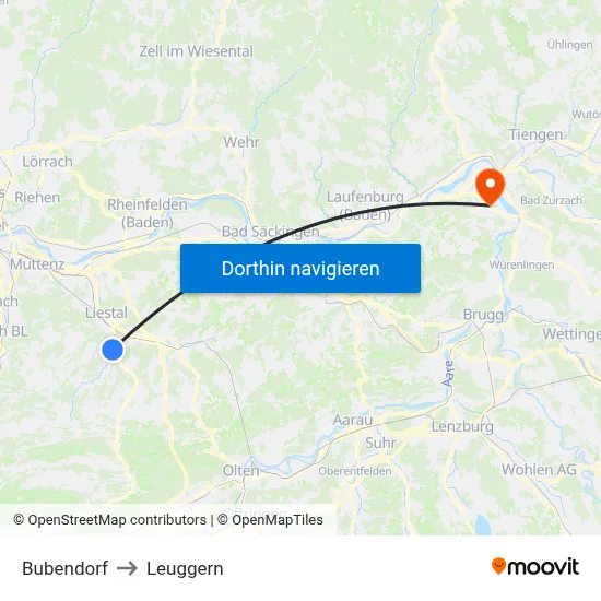 Bubendorf to Leuggern map