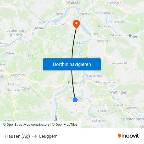 Hausen (Ag) to Leuggern map