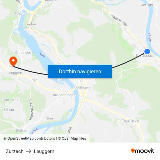 Zurzach to Leuggern map