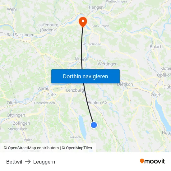 Bettwil to Leuggern map