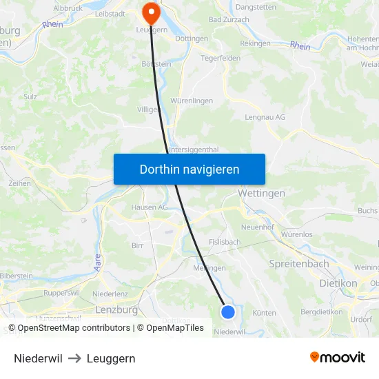 Niederwil to Leuggern map