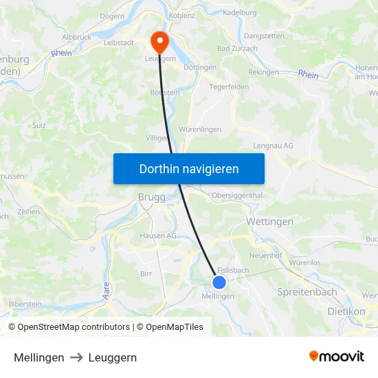 Mellingen to Leuggern map