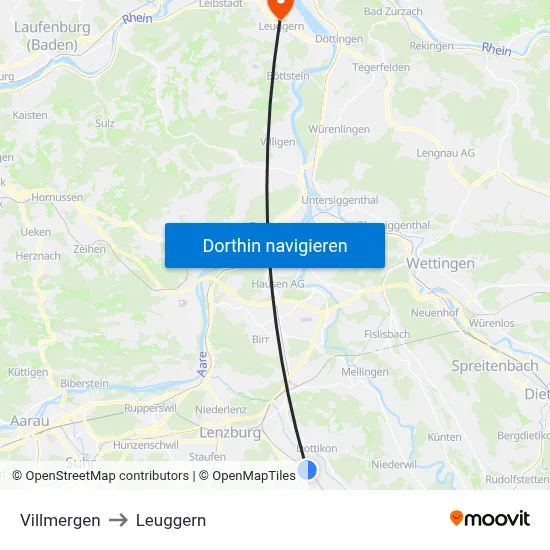 Villmergen to Leuggern map