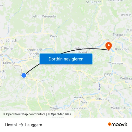 Liestal to Leuggern map