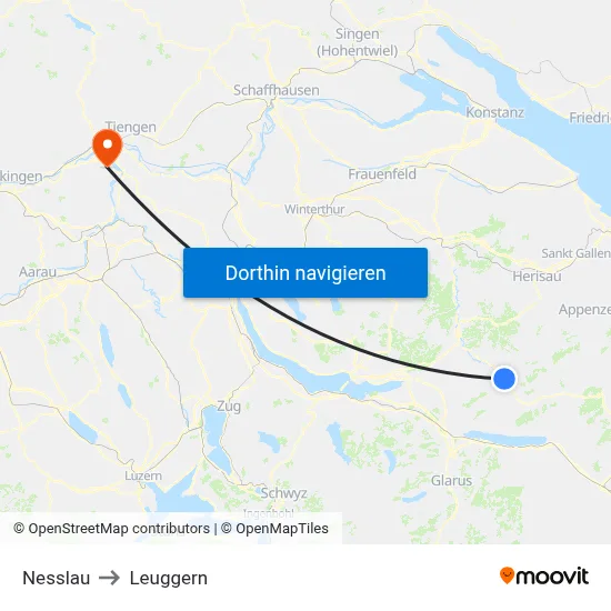 Nesslau to Leuggern map