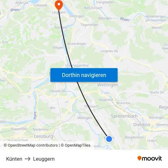 Künten to Leuggern map