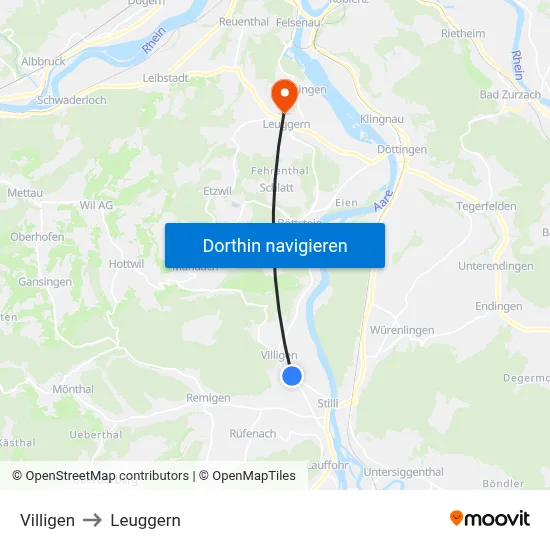 Villigen to Leuggern map