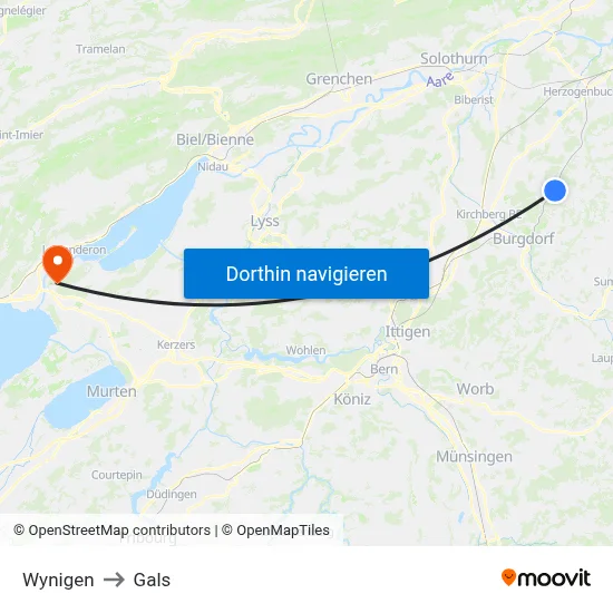 Wynigen to Gals map