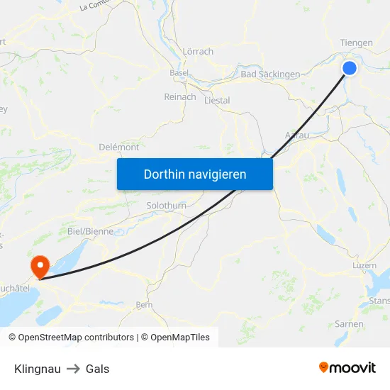 Klingnau to Gals map