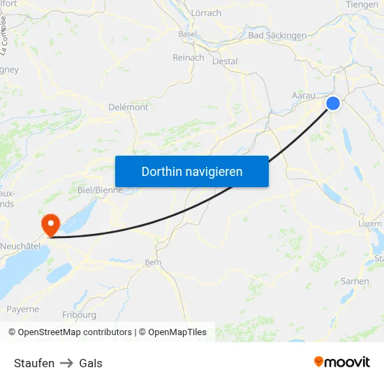 Staufen to Gals map