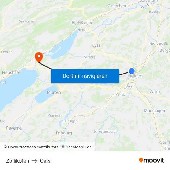Zollikofen to Gals map