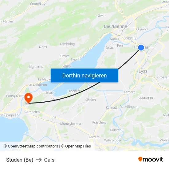 Studen (Be) to Gals map