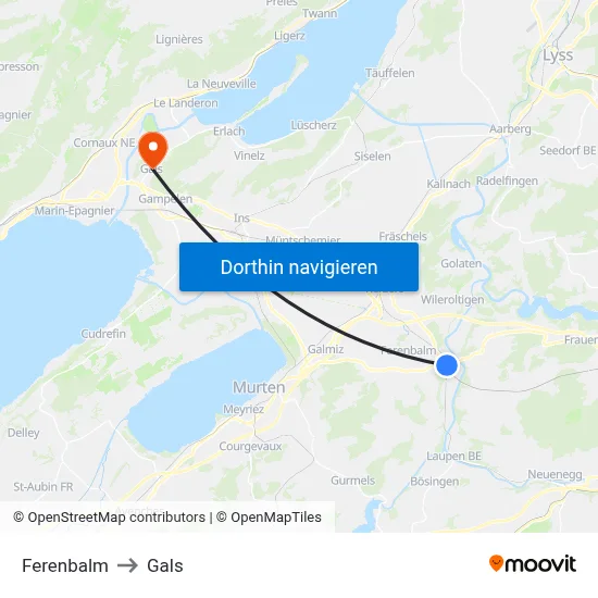 Ferenbalm to Gals map