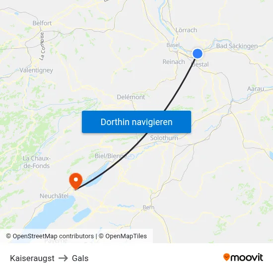 Kaiseraugst to Gals map