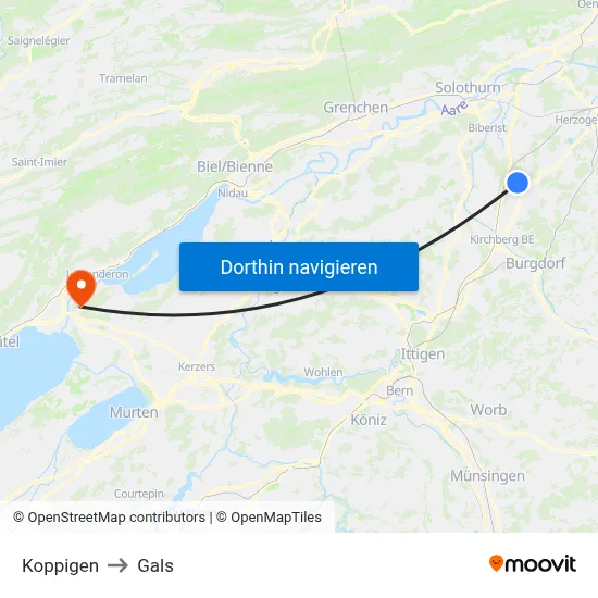 Koppigen to Gals map