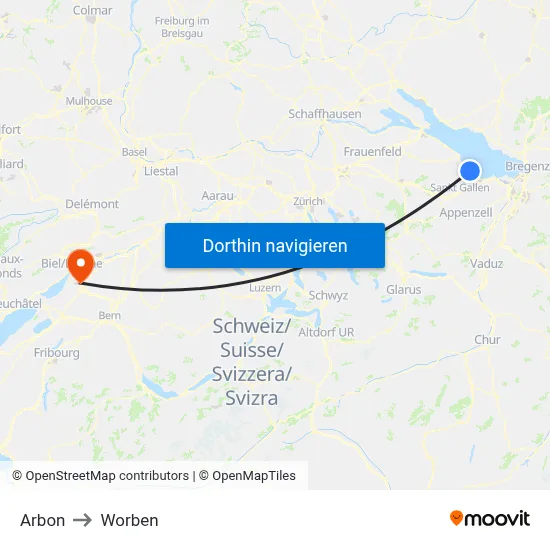 Arbon to Worben map