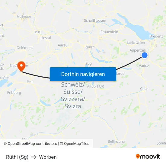 Rüthi (Sg) to Worben map