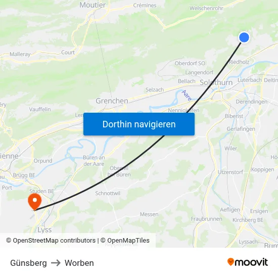 Günsberg to Worben map