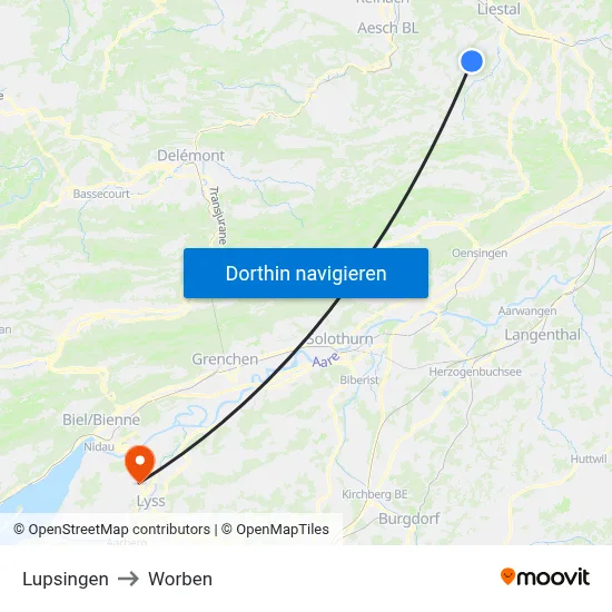 Lupsingen to Worben map