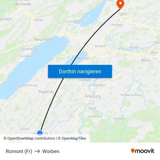 Romont (Fr) to Worben map