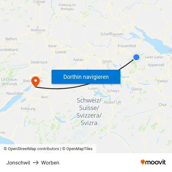 Jonschwil to Worben map