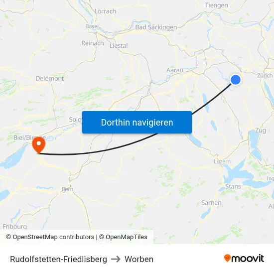 Rudolfstetten-Friedlisberg to Worben map
