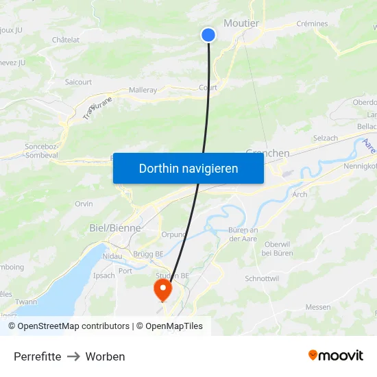 Perrefitte to Worben map