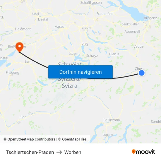 Tschiertschen-Praden to Worben map