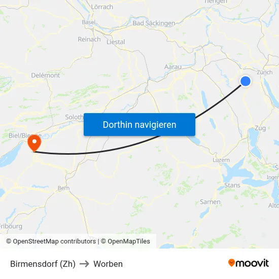 Birmensdorf (Zh) to Worben map