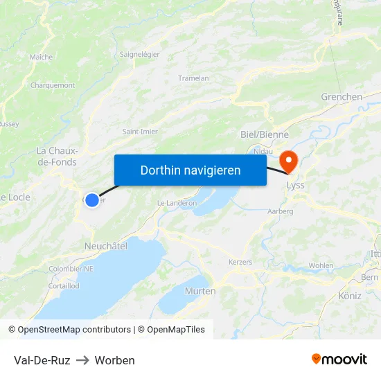 Val-De-Ruz to Worben map