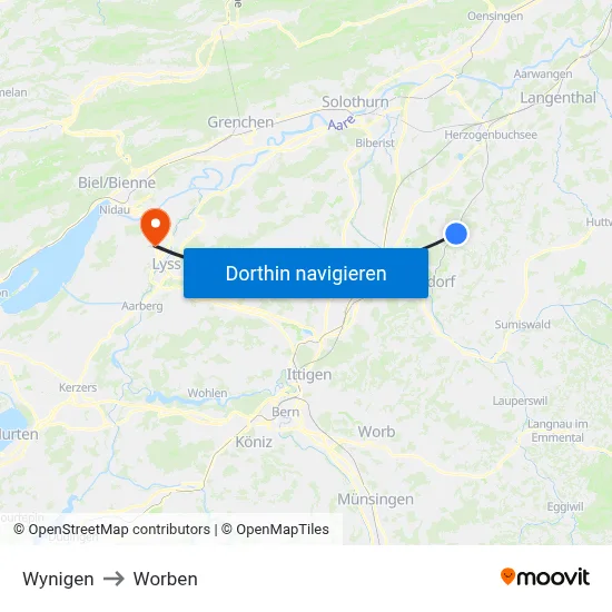 Wynigen to Worben map