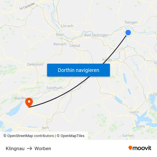Klingnau to Worben map