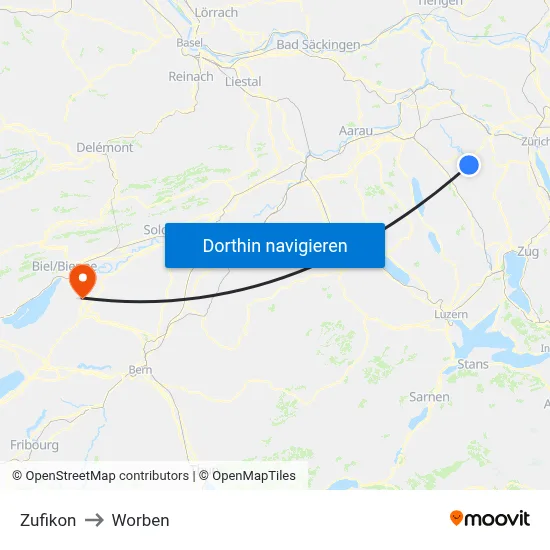 Zufikon to Worben map