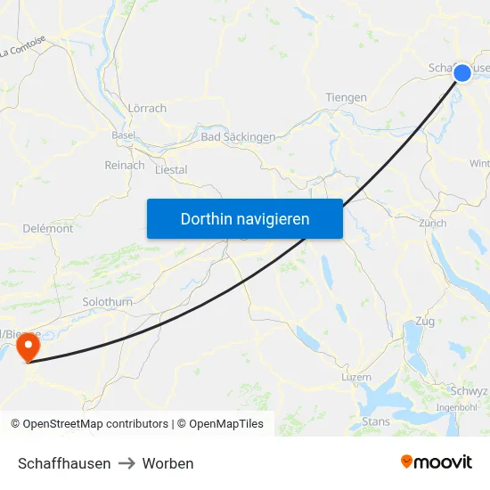 Schaffhausen to Worben map