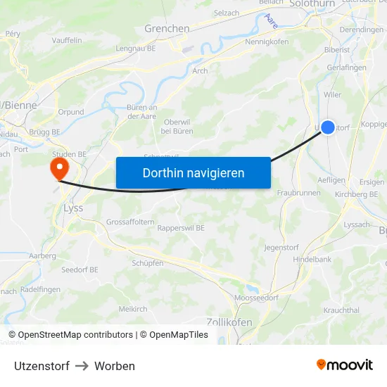 Utzenstorf to Worben map