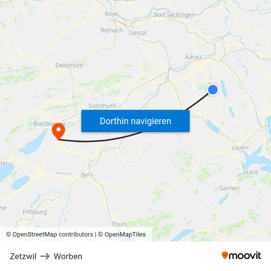 Zetzwil to Worben map