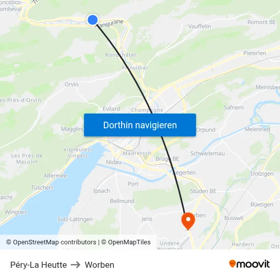 Péry-La Heutte to Worben map