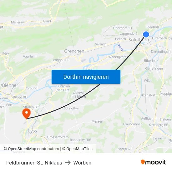 Feldbrunnen-St. Niklaus to Worben map
