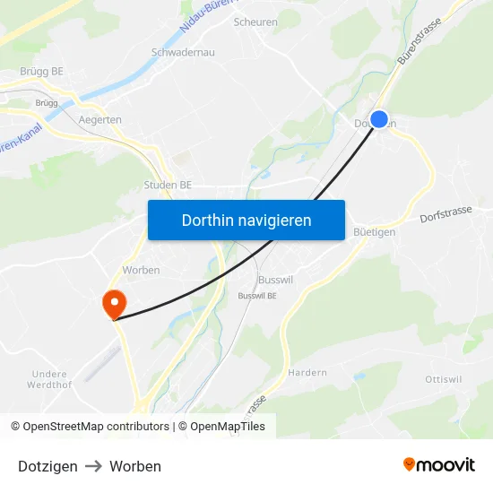 Dotzigen to Worben map