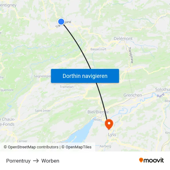 Porrentruy to Worben map