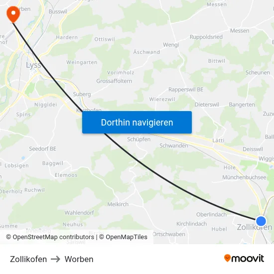 Zollikofen to Worben map
