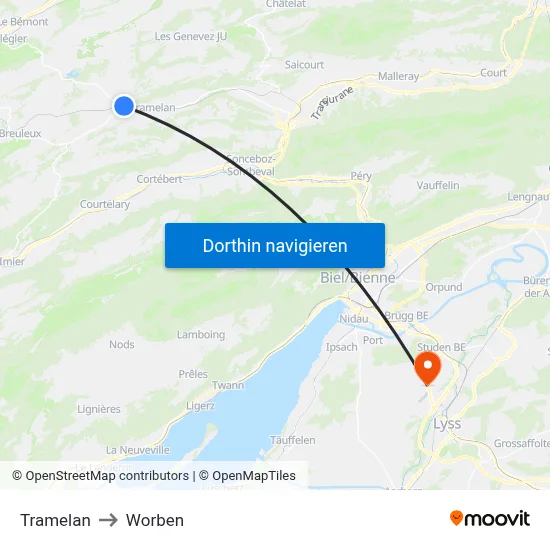 Tramelan to Worben map