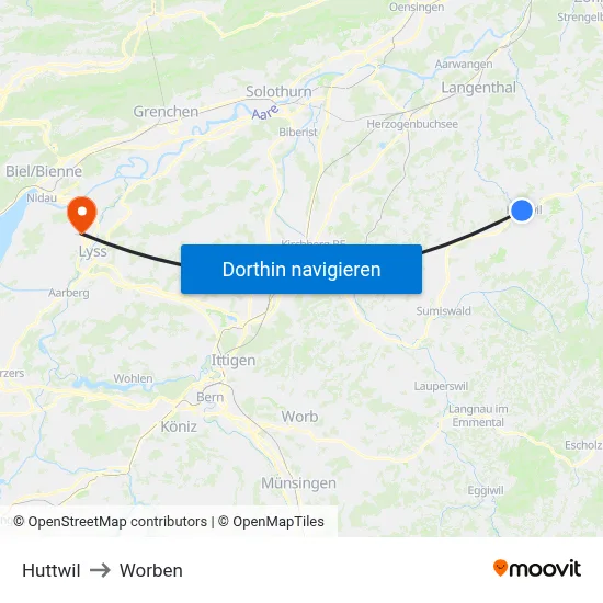 Huttwil to Worben map