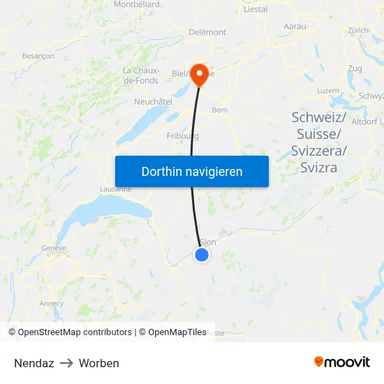 Nendaz to Worben map