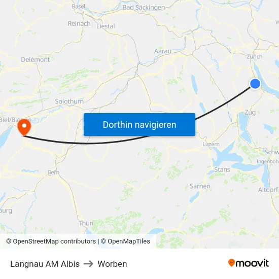 Langnau AM Albis to Worben map
