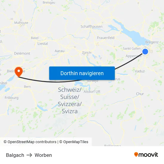 Balgach to Worben map