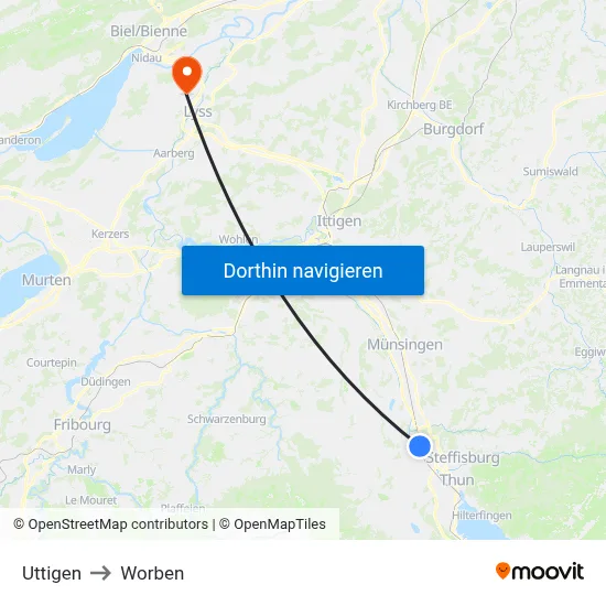 Uttigen to Worben map